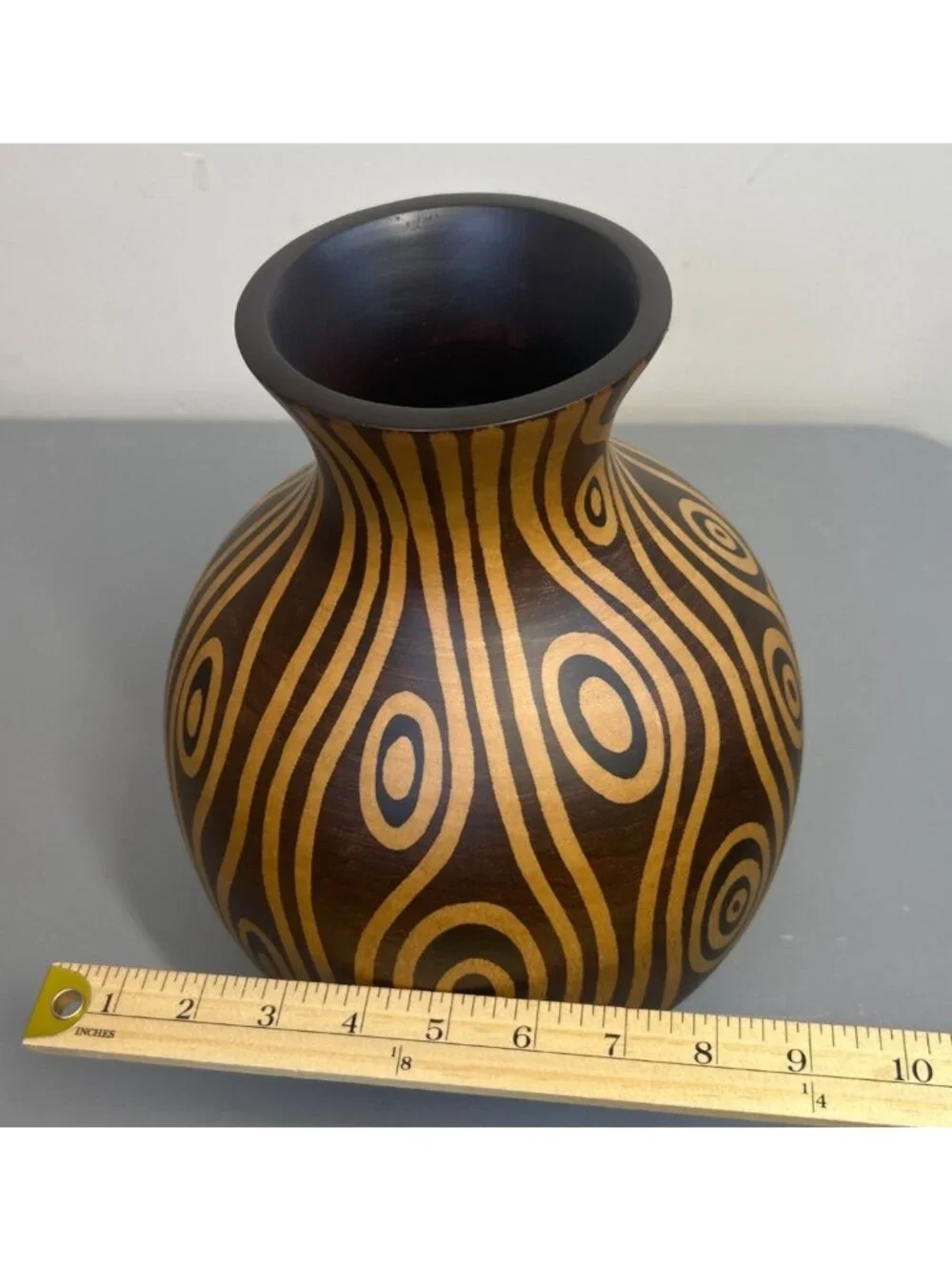 Hand Turned Wooden Art Vase Optical Illusion Wood Grain Design Decorative Rustic
